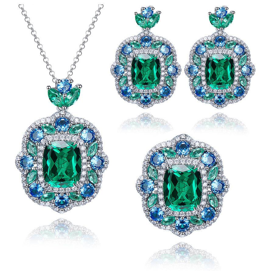 Simulation Retro Colored Treasure Pendant Necklace Colored Treasure Earrings Set Jewelry Emerald Female Stud Earrings Zircon Ring