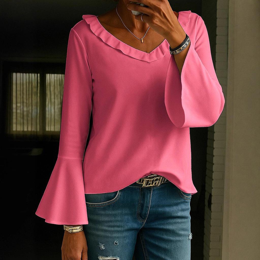 Lässiges Damen-Langarmshirt, Pullover, V-Ausschnitt, elegante und lässige Bluse, Basic-T-Shirt