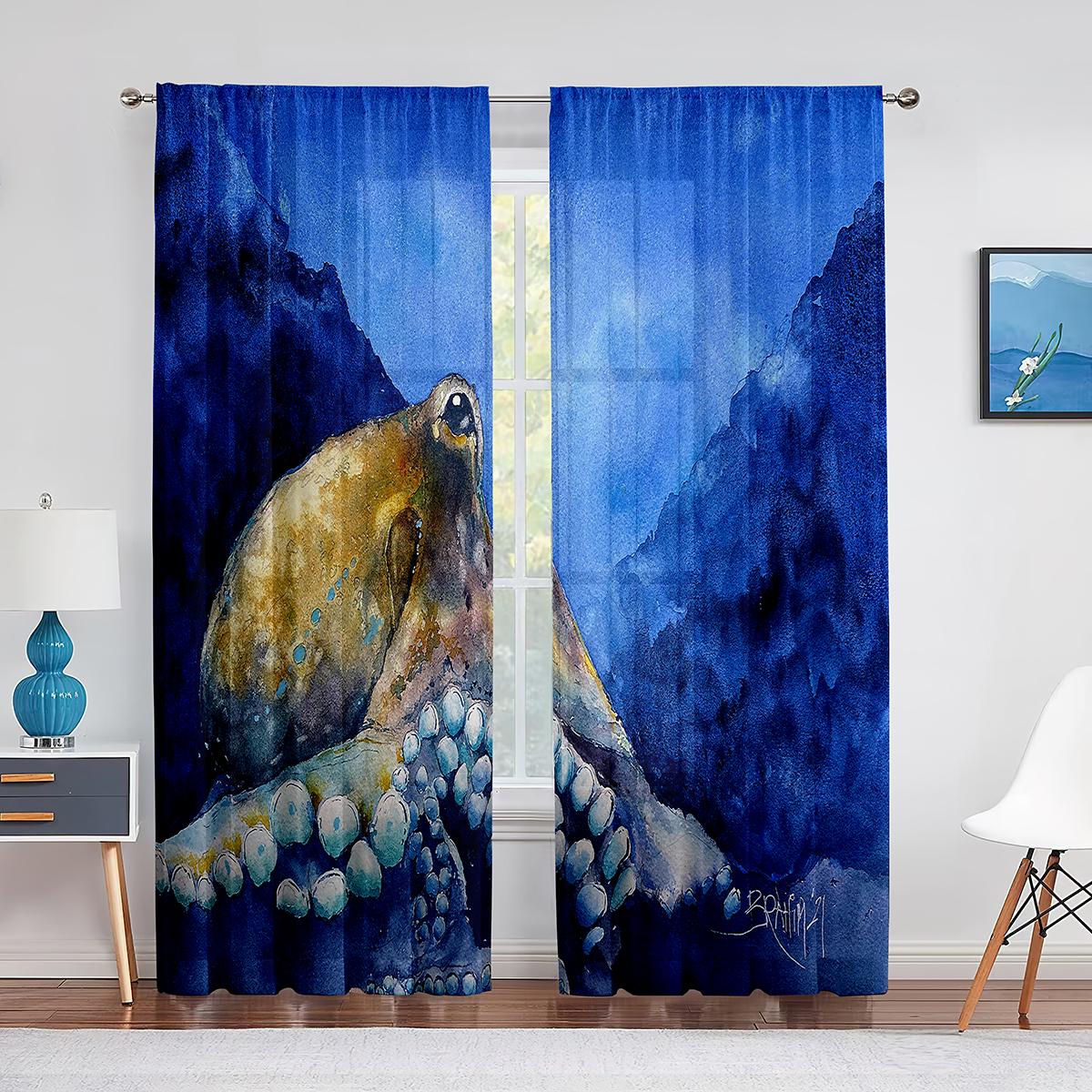 Крутые красные шторы из шифона-вуали с морским осьминогом для декора гостиной — фото 4