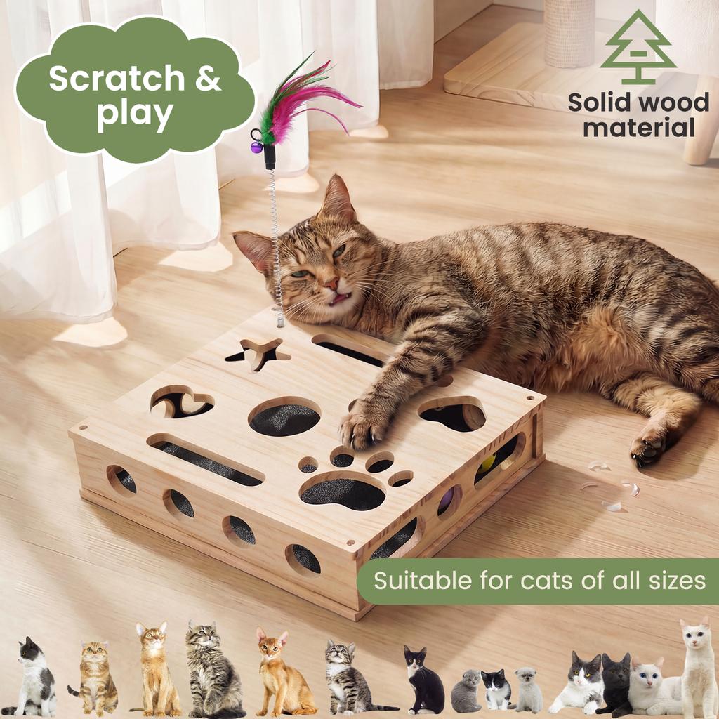 Interactive Cat Puzzle Toy Nail File Scratch Board Enrichment Box Wooden with 3 Bell Ball for Pet Exercise Boredom Relief