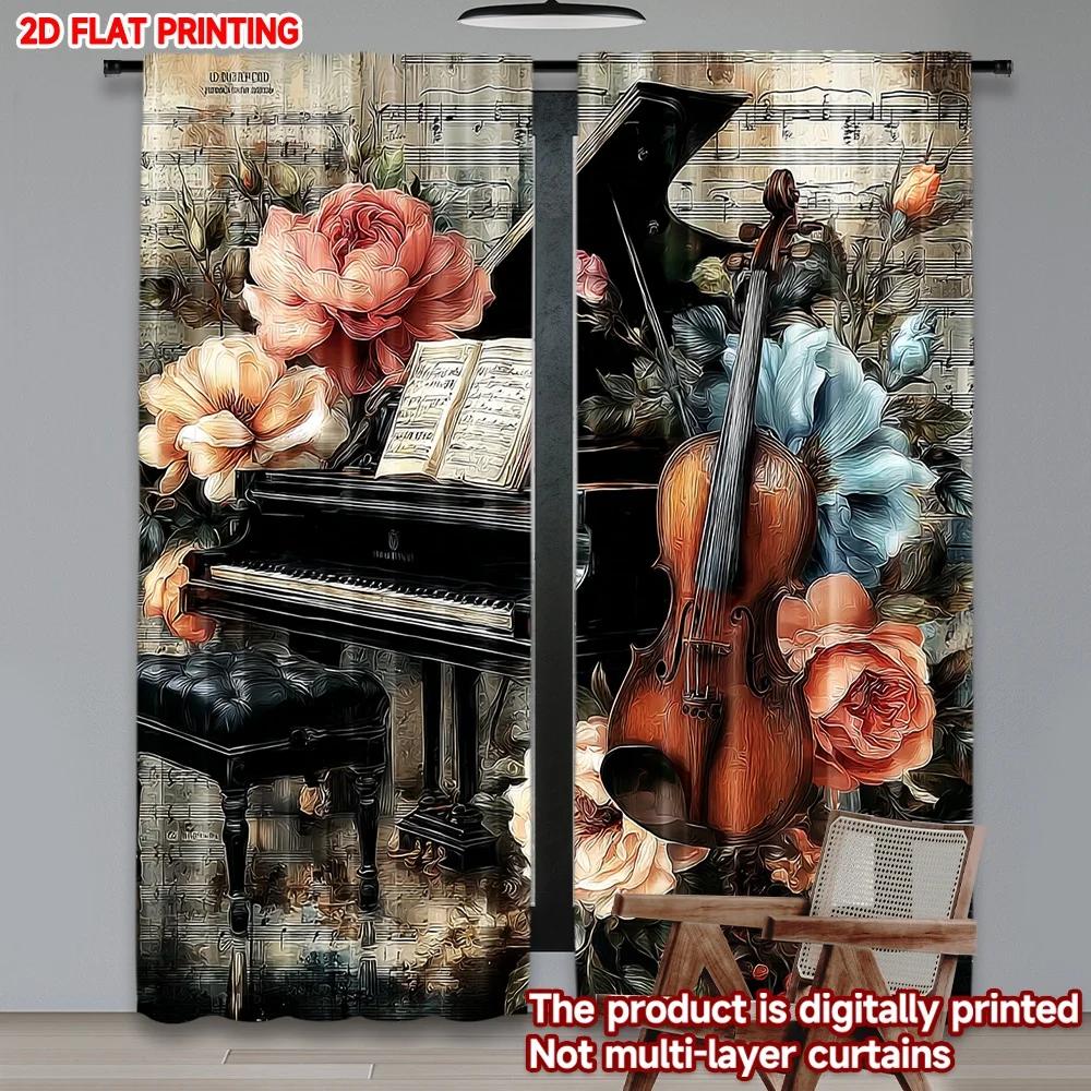Artistic Piano Violin Music Curtains Romantic Sheet Roses Blossoms Vintage Paper Living Room Set Of 2 Made Polyester Area Decor