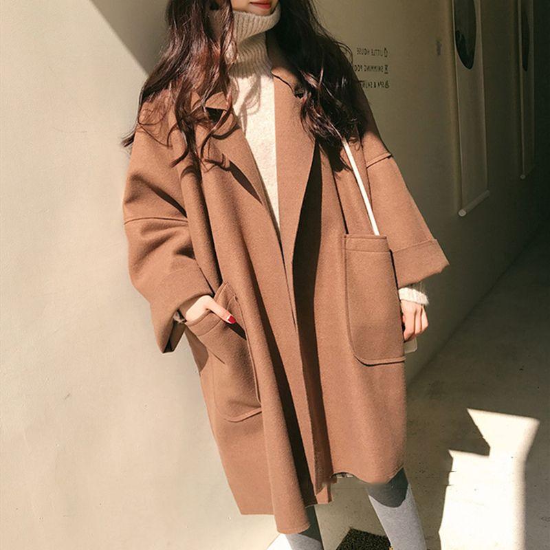 Plus Size Women's Autumn Winter Woolen Trench Coat Korean Style Loose Mid-Length Woolen Coat for Female Students