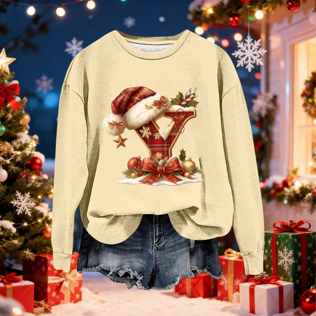 Women's Fashionable Casual Long-Sleeved Christmas Letter Print Crew-Neck Sweatshirt