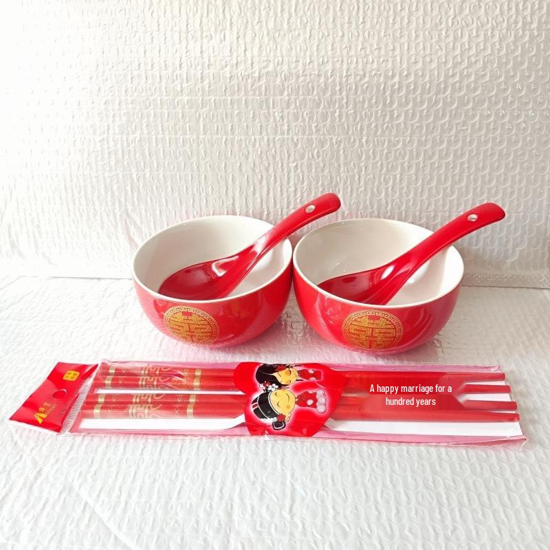 Double Happiness Red Wedding Bowl Set - Dowry and Dumpling Pair with Character Design