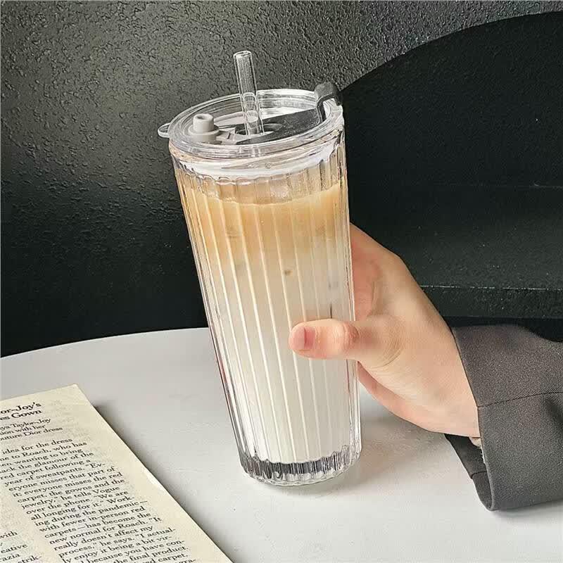 OLOEY Diamond Pattern 450ml Glass Coffee Mug with Lid & Straw (3-Pack)