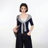British Navy Blue Striped Shawl Fake Two-piece Front Shoulder Short-sleeved T-shirt Women's Summer Slim-fit Half-sleeved Five-quarter-sleeved Top