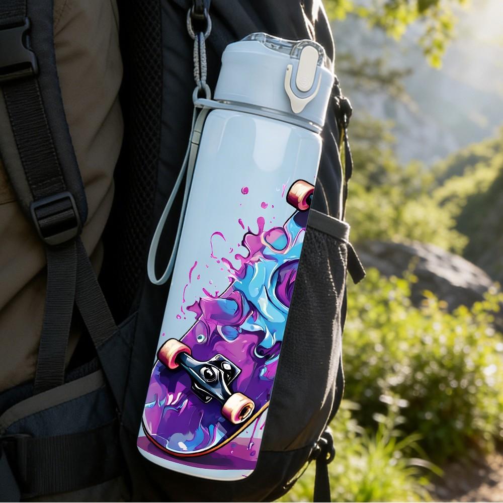 1PC Colorful Graffiti Skateboard Print 750ml Color Plastic Sports Water Bottle Leakproof Flip Straw Lid Suitable for Sports Office Home Use