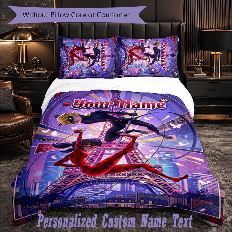 Personalized 3Pcs Bedding SetMiraculous Ladybug Custom Text Duvet Cover Pillowcase Set Bedroom Gift