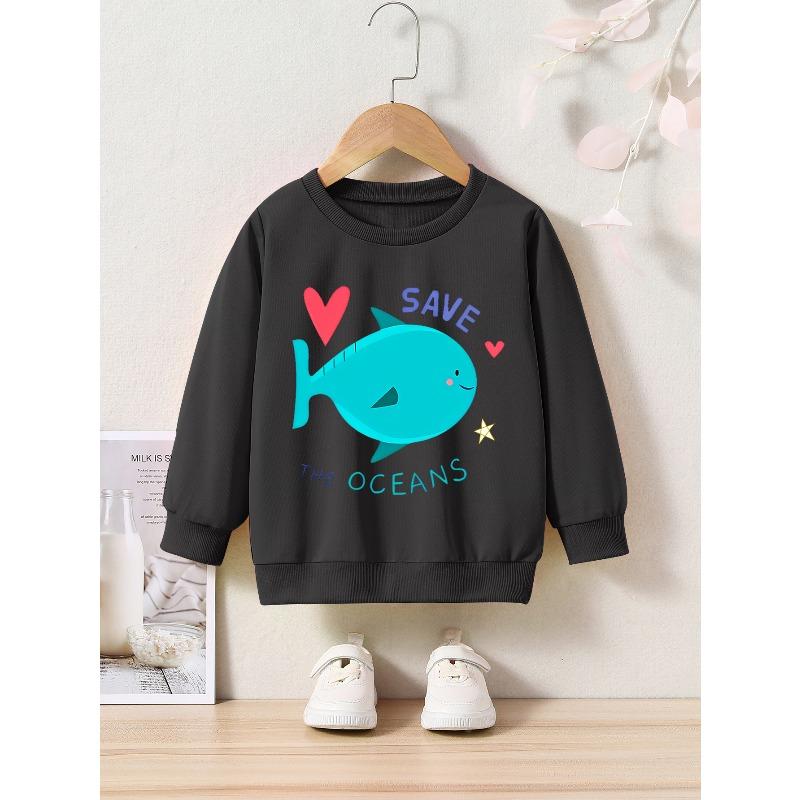Crew Neck Sweatshirt with Cartoon Fish Print, Casual Alphabet Applique, Slight Stretch, Regular Fit for Spring/Fall