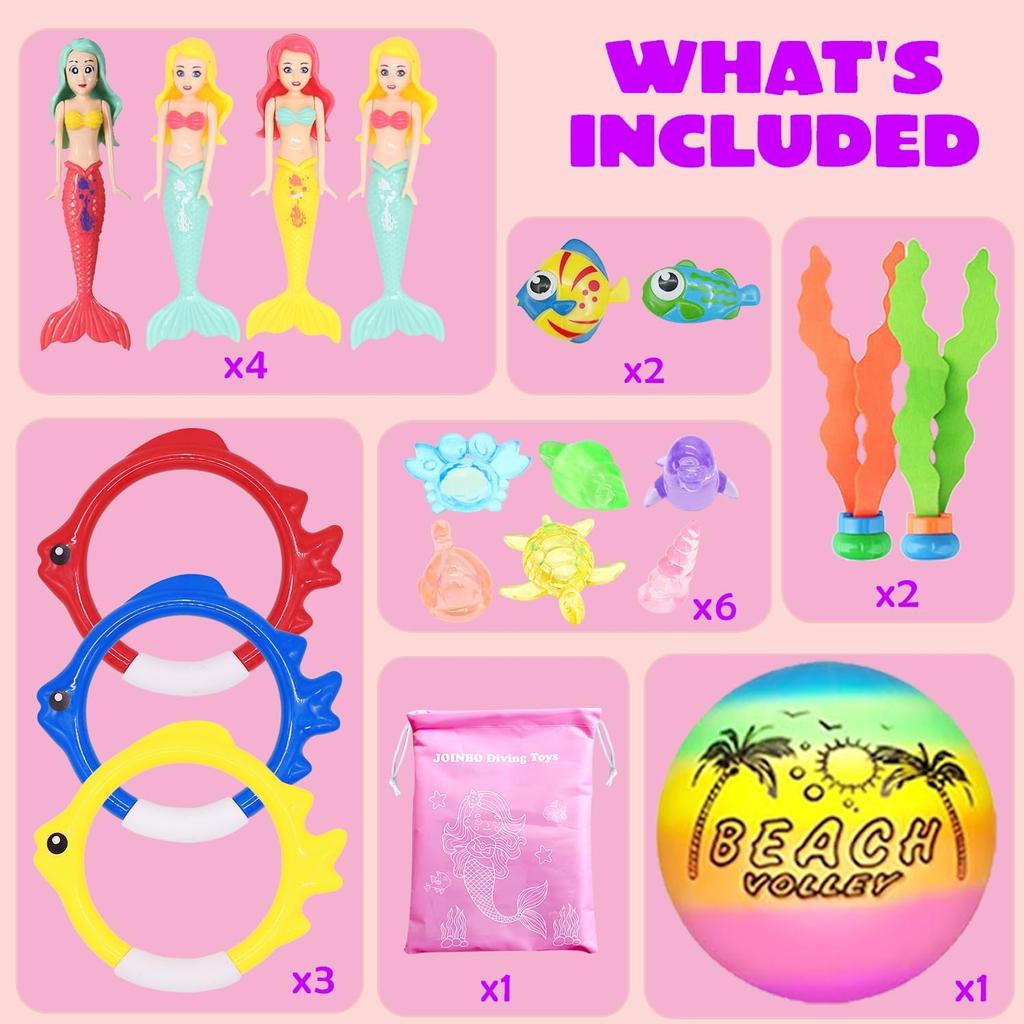18 Pcs Diving Pool Toys for Kids Ages 3-12 Set with Storage Bag,Pool Games Summer Swim Water Sinking Mermaid Toys