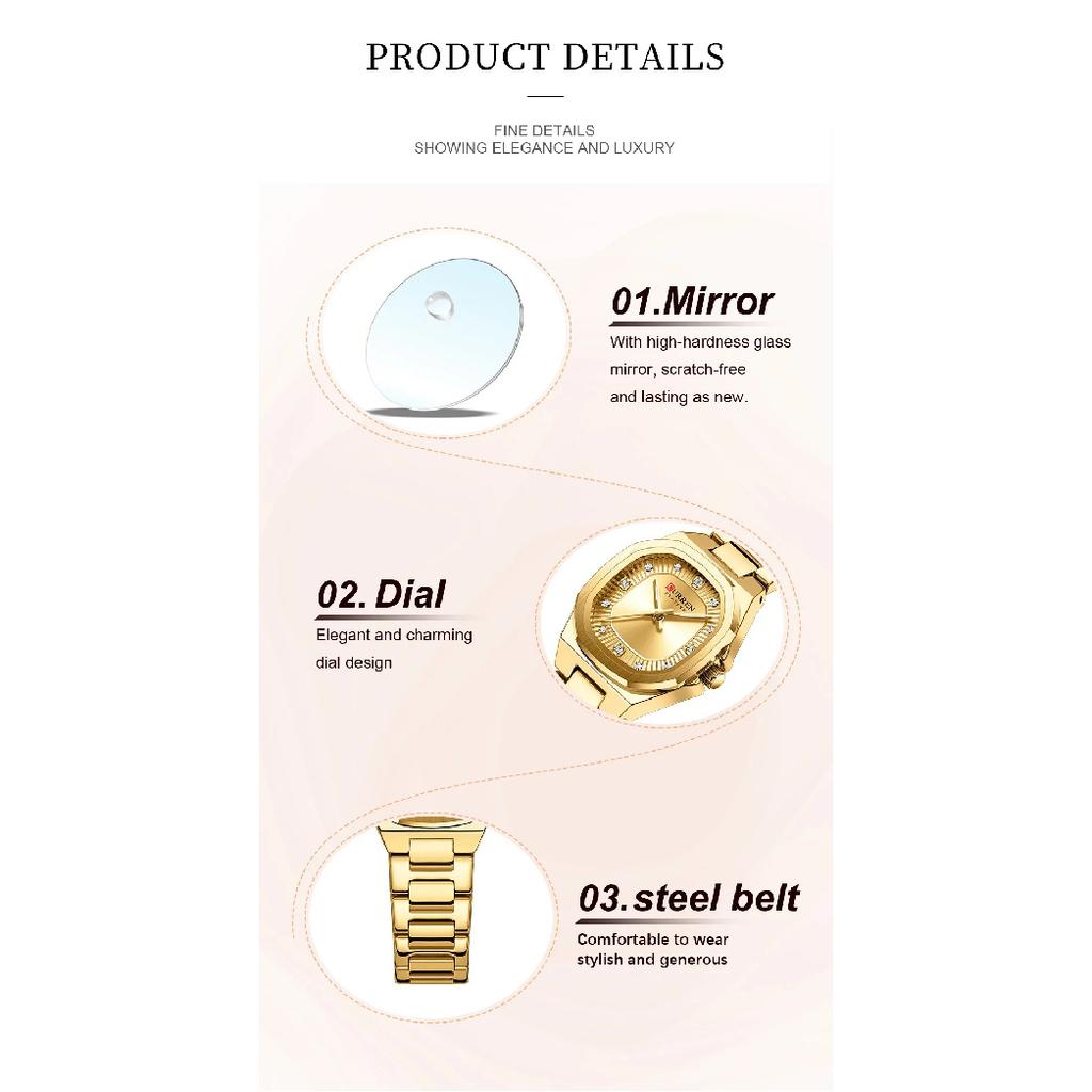 CURREN Gold Women's Watch Diamond Accents Stylish Stainless Steel Band, Elegant Design Comes with Free Box