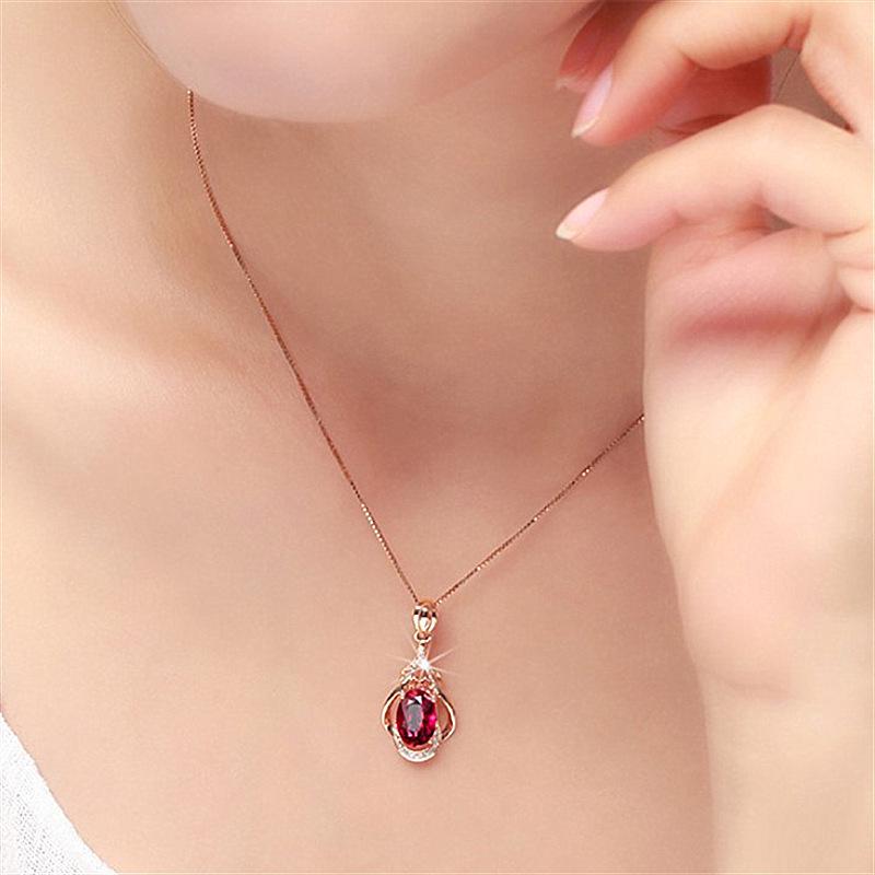 18K Gold-Plated Korean Garnet Pendant Necklace for Women