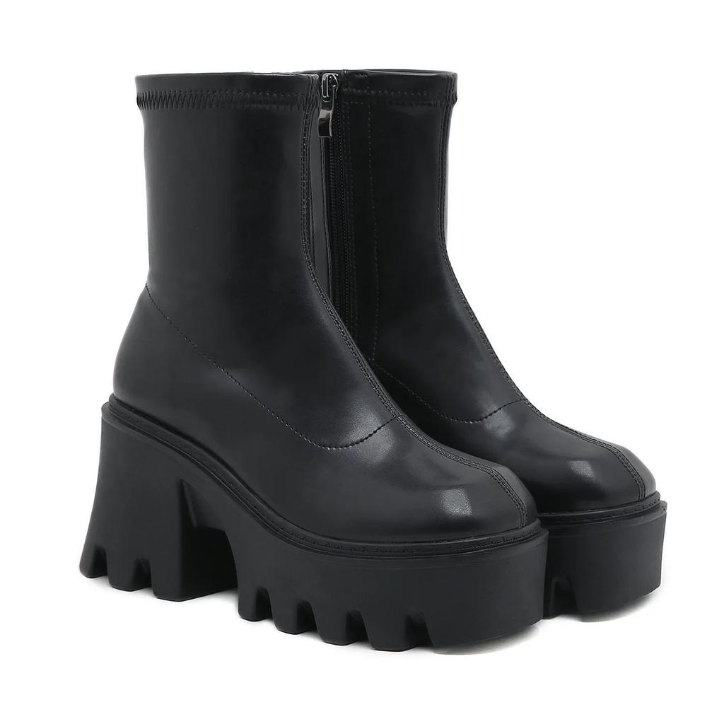 Fashion 9cm Female Platform Wedges Boots Black Autumn Ankle Boots For Women High Heels Ladies Leather Shoes Back Zipper High Quality