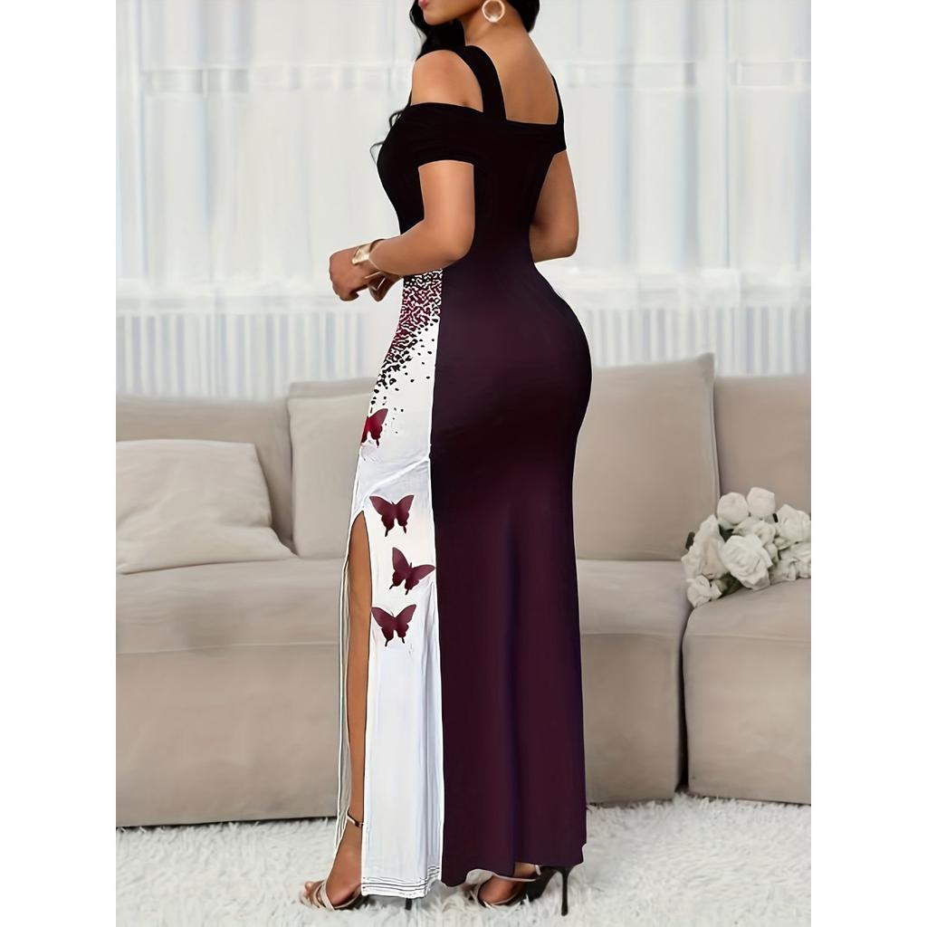 New Arrival Women's Elegant Butterfly Print Off Shoulder Slit Long Maxi Dress, Fashion European American Style Casual Party Dress