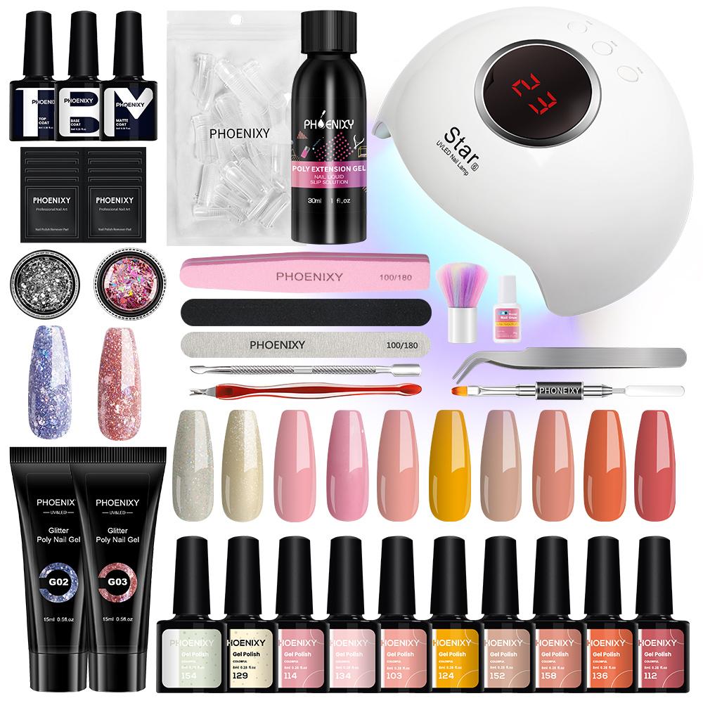 

Набор гель-лаков PHOENIXY, 36 Вт, УФ-светодиодная лампа, чистый цветной гель, набор полигелей для наращивания, инструменты для дизайна ногтей, маникюрный набор