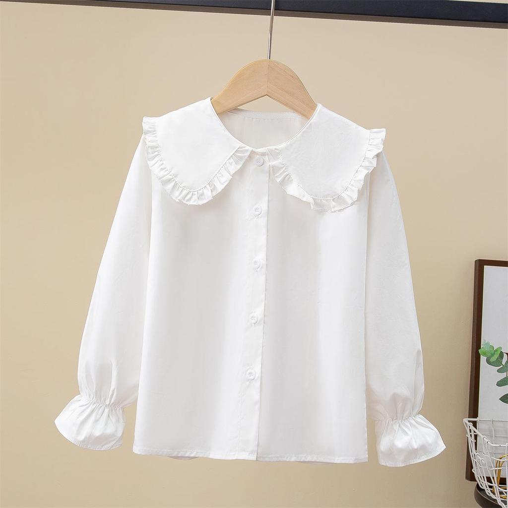 Spring & Autumn Girls' Cotton Doll Collar Long Sleeve Shirt - Casual Trendy Top for Kids