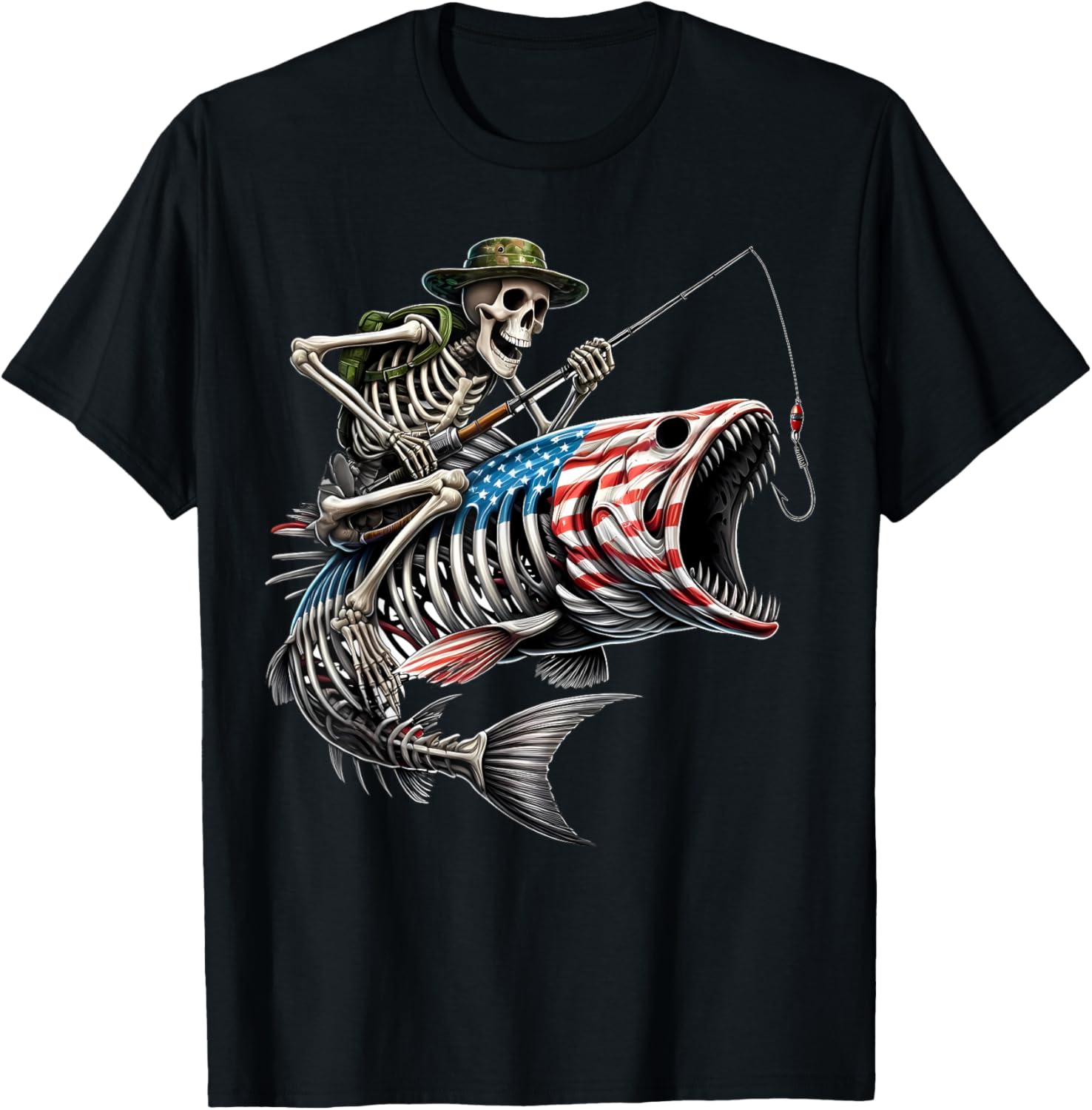 Fishing American Flag Bass Fish Skull Skeleton Fisherman T-Shirt S