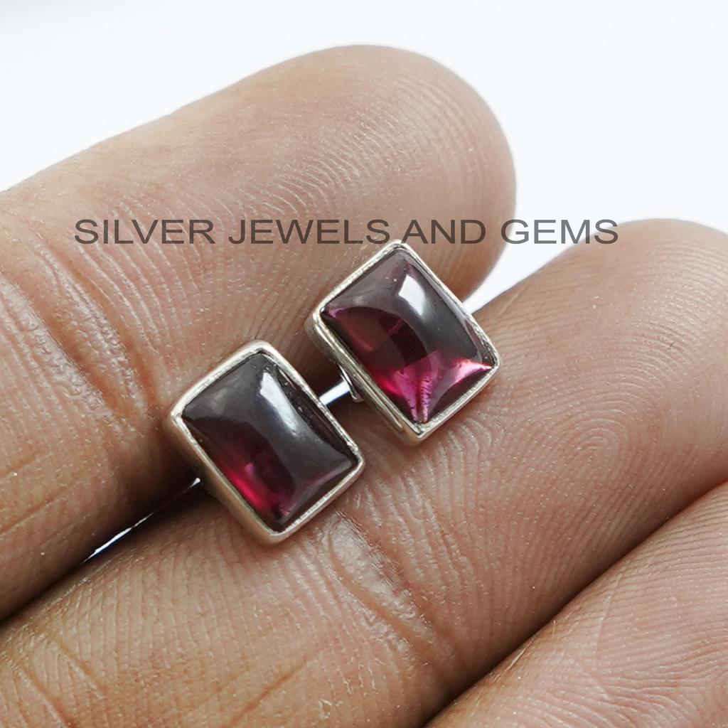 Handmade Rectangle Garnet Stud Earrings: 925 Sterling Silver
