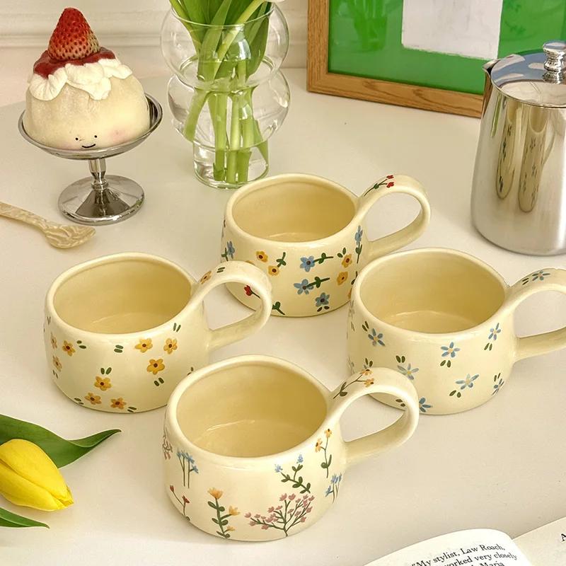Cream Yellow Ceramic Mug Korean Style Cute Flower Pattern Coffee Cup Hand Pinched Irregular Mug Breakfast Milk Tea Cups Watercup