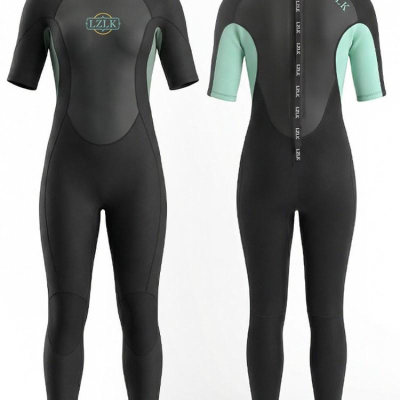 Womens 3mm Fullsuit Wetsuit Short Sleeve Long Pants Thermal Dive Suit Snorkeling Surfing Swimming