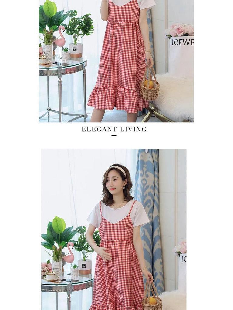 Korean Plus Size Maternity Plaid Dress - Short-Sleeve, Two-Piece Look, Loose Fit, Round Neck