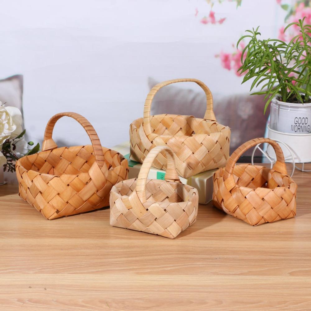 With Handle Wood Basket Handmade Handhold Weaving Flower Basket Vine  Living Room Decoration