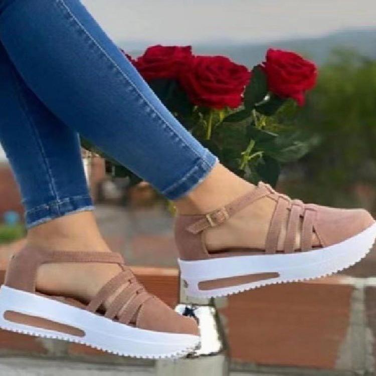 New European and American casual slope heel round head hollow single shoes