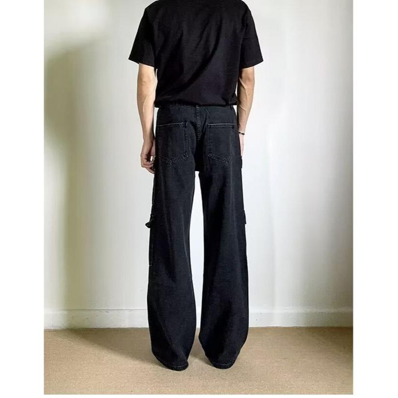 Джинсы мужские JYL Винтажные Гонконгский стиль Многокарманные Стирка Свободные В пол Деним XXXL