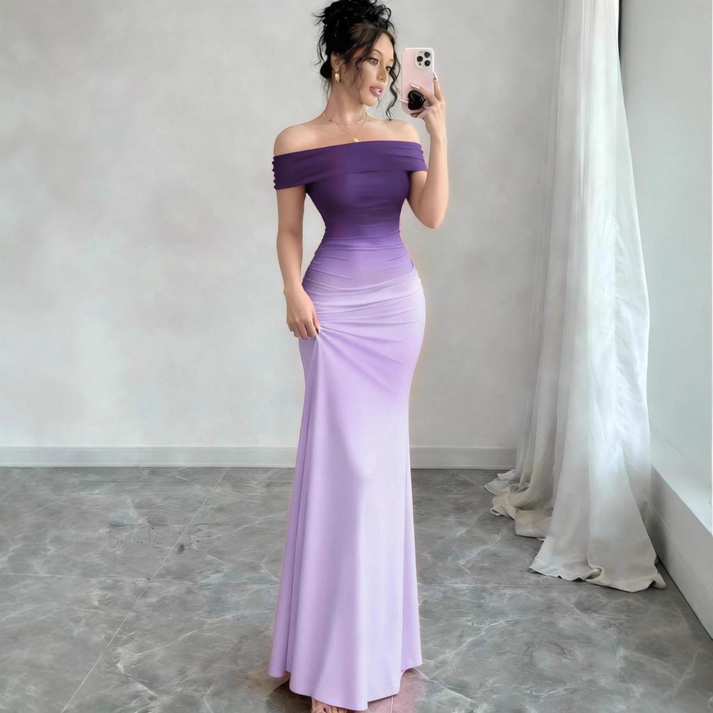 Off Shoulder Gradient Fishtail Maxi Dress