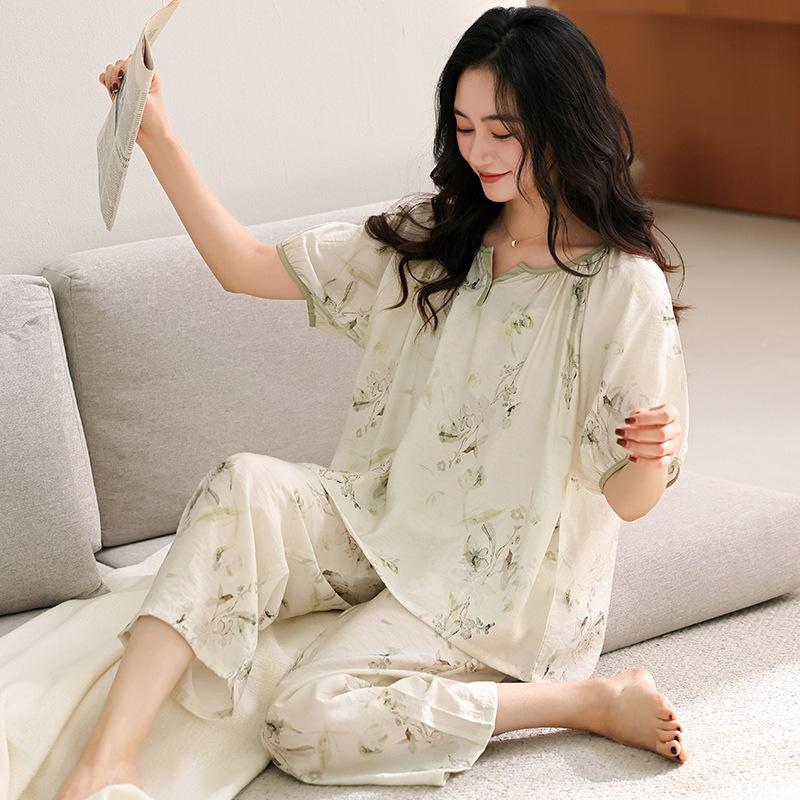 Tencel cotton pajamas women's summer short-sleeved trousers 1011 new mother foreign high-end loungewear set