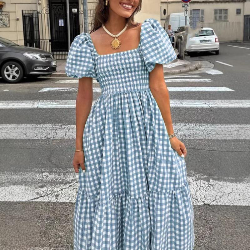 New summer plaid square neck bubble sleeve waist medium and long dress