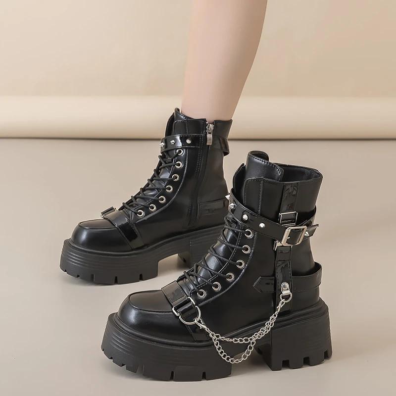 Fashion Fashion New Women's Biker Boots Patent Leather Breathable Zipper Lolita Platform Boots Autumn New Retro Gothics Botines Chelsea