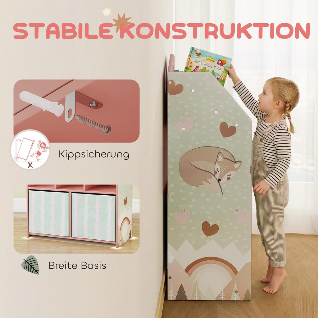Kids Bookshelf with Storage, Toy Storage Unit with Book Display, Shelves and Fabric Drawers for Playroom Nursery, Pink
