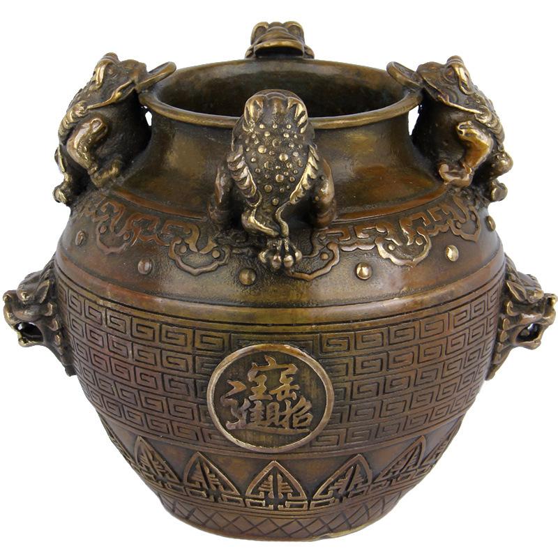 Square Creative Ornament, Treasure Basin Decoration, Bronze Golden Toad Jar, Home Decor Brass