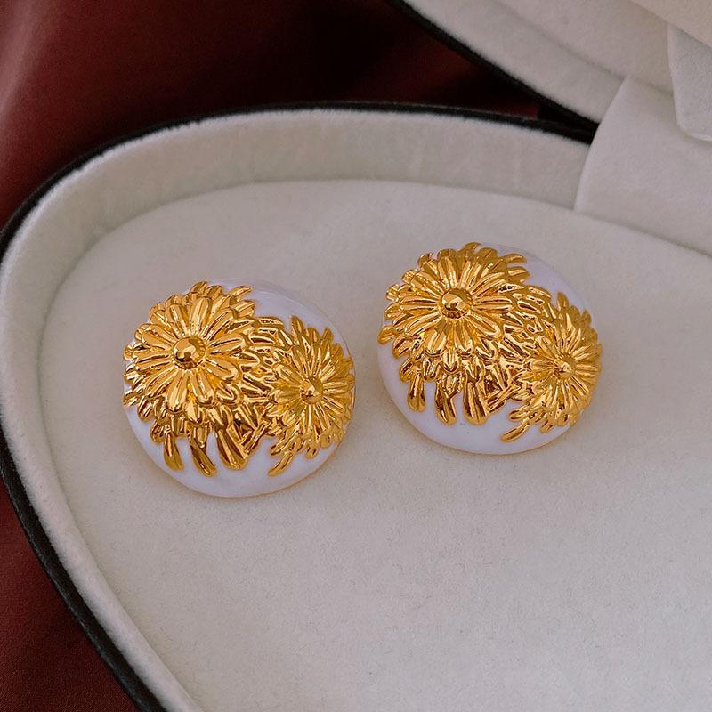 Medieval Vintage Dripping Oil Flower Earrings Retro Niche High-end Earrings Light Luxury Versatile Temperament Earrings Women