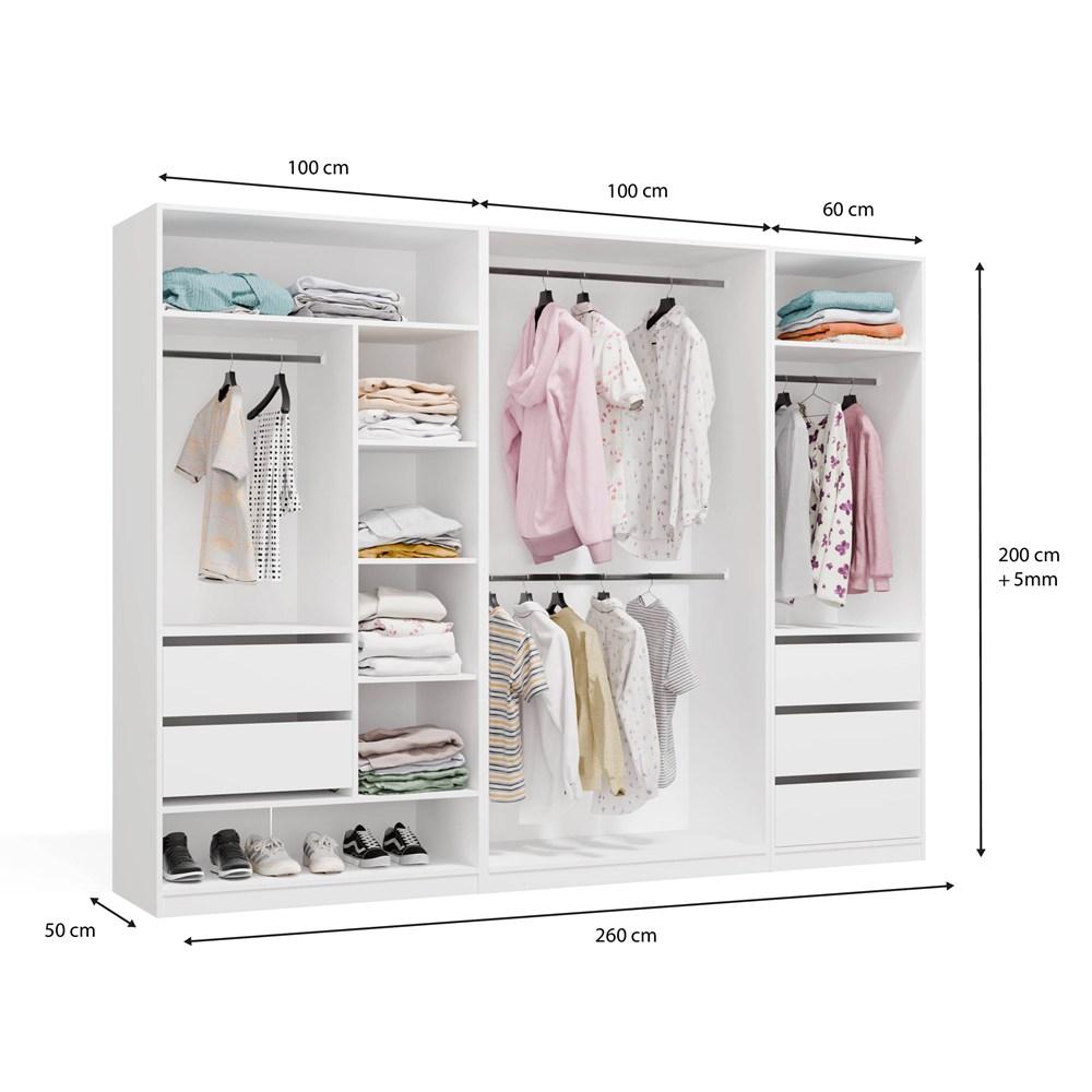 Modular Wardrobe Openo Set 260/200 White Drawers Rods Shelves Large For Bedroom