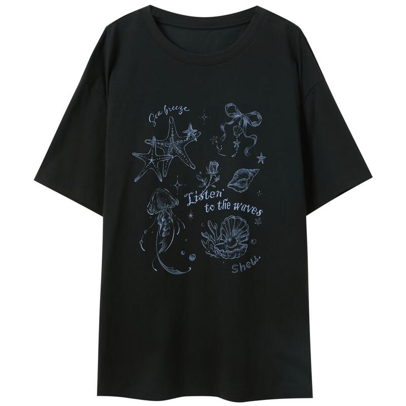 Ocean Print Letter Loose Mid-Sleeve T-Shirt