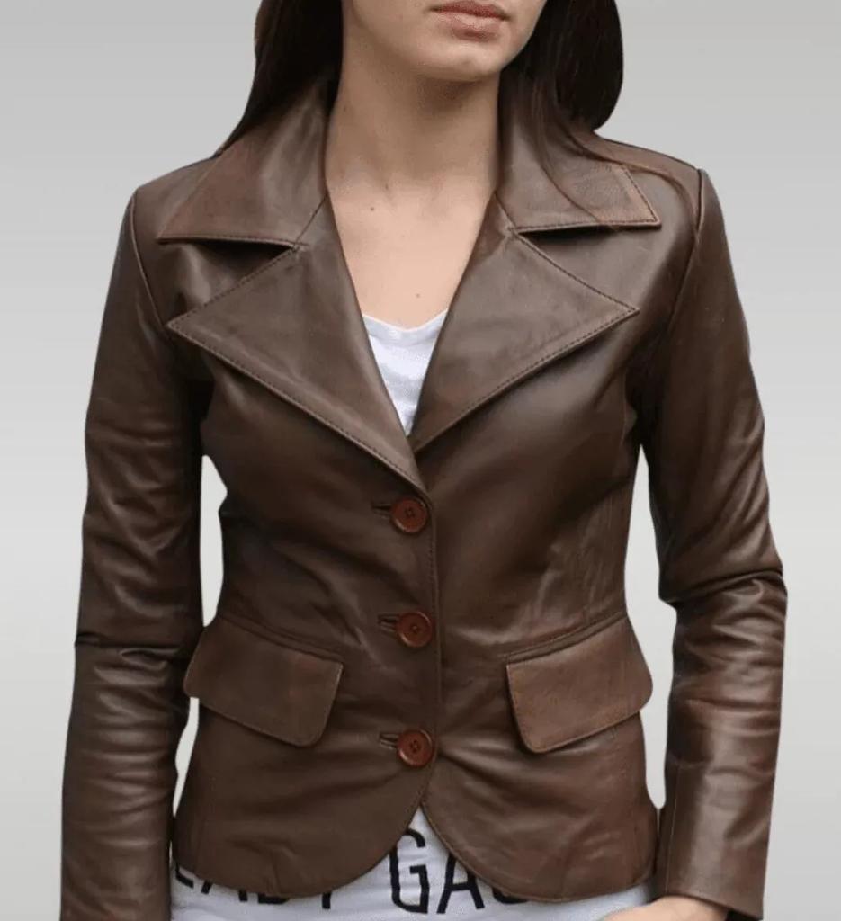 Lambskin New Formal Party Stylish Blazer Designer Women Handmade Leather Brown