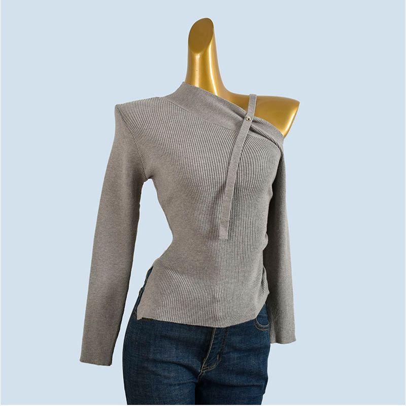 Glutinous Sexy off-the-Shoulder Knitted Bottoming Shirt Women's Long Sleeve Autumn and Winter Design Asymmetric Top Western Style Inner wear Sweater