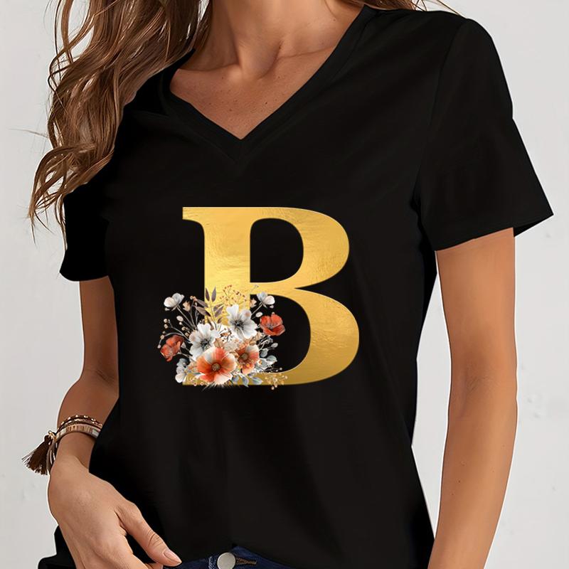 Vintage Flower Alphabet Graphic T Shirts Women Alphabet Rose Gold Essential Women Clothing Gift for Alphabet Floral Lover Tshirt