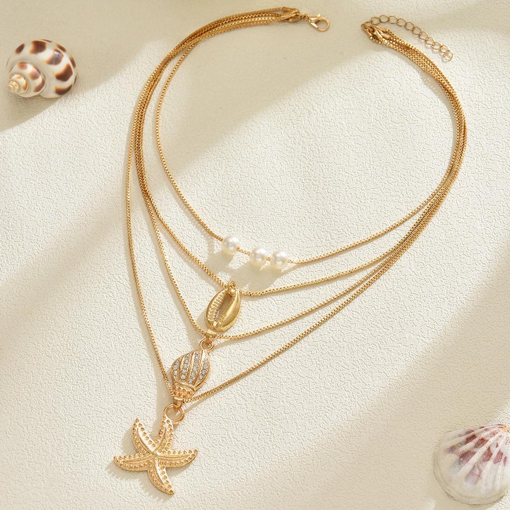 Shell Necklace European and American Jewelry Women's Ocean Holiday Necklace Conch Starfish Multilayer Stacked Collarbone Chain