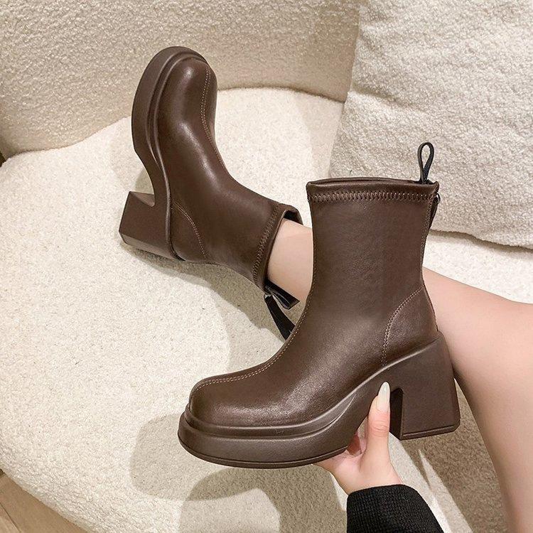 Retro black Martin boots women's 2025 autumn and winter new British style small man thick sole heightened thick heel thin short boots