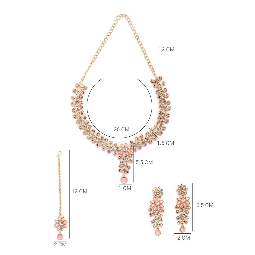 Charming Diamonds Studded Floral Choker Necklace with Danlge Earrings Maangtikka Jewellery Set for Women & Girlsf