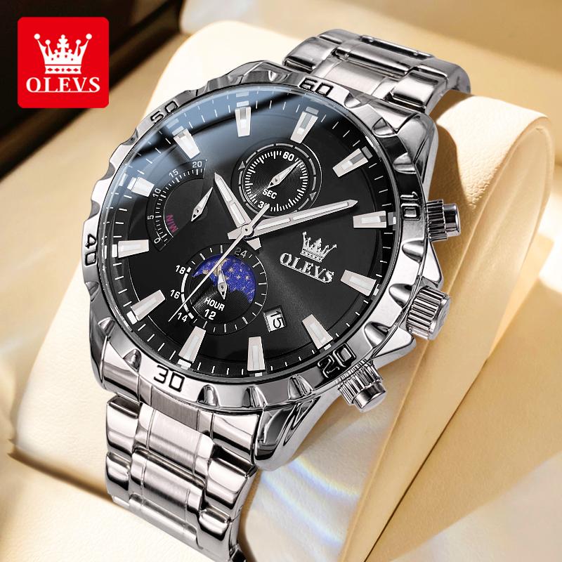 OLEVS 2953 45.5mm Big Dial Men's Watches Stainless Steel Moon Phase Waterproof Chronograph Original Quartz Wrist Watches for Man