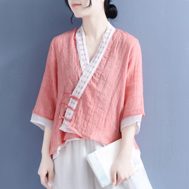Women's Vintage Chinese Style Blouse Embroidered Loose Fit Asymmetrical Button Down Shirt Chic Spring Summer Top KK132