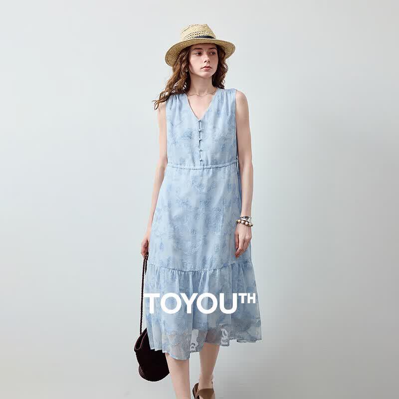 Women s French Style Jacquard V-Neck Midi Dress S небесно-голубой
