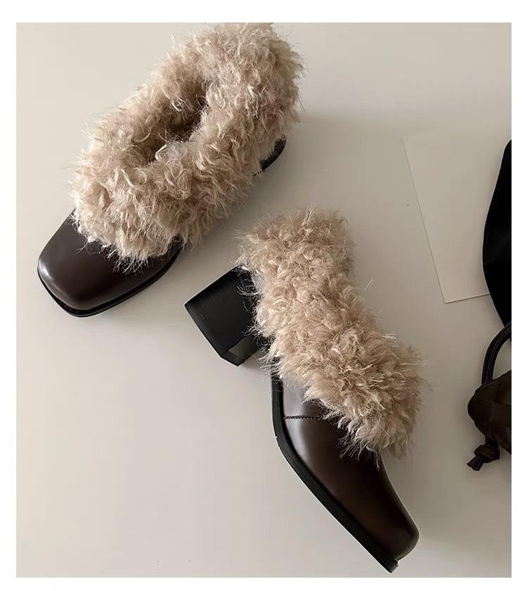 Square Head One Pedal Retro Velvet Warm Mary Jane Small Leather Shoes Thick Heel Single Shoes Fluffy Shoes