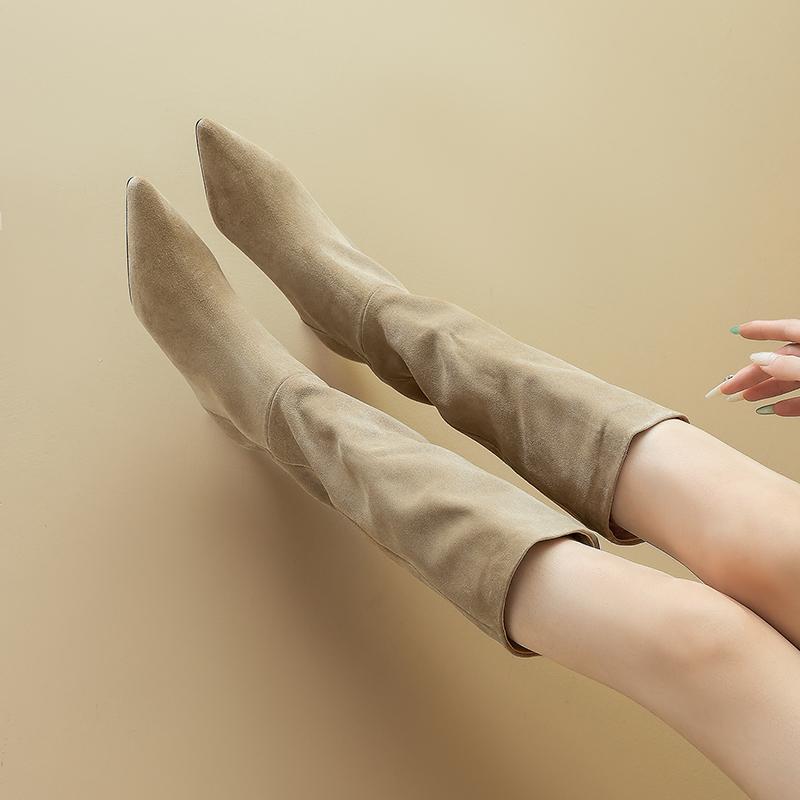 Fashion 2025 New Trend Natural Cow Suede Women Shoes Autumn Winter Slip-On Boots Burgundy High Chunky Heels Pointed Toe Knee High Boots