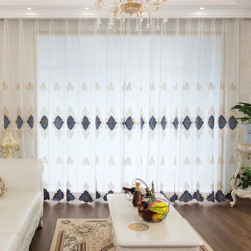 Luxury European Sheer Window Panels, Velvet Trim Embroidery, Transparent Grommet Top Drapes for Living Room
