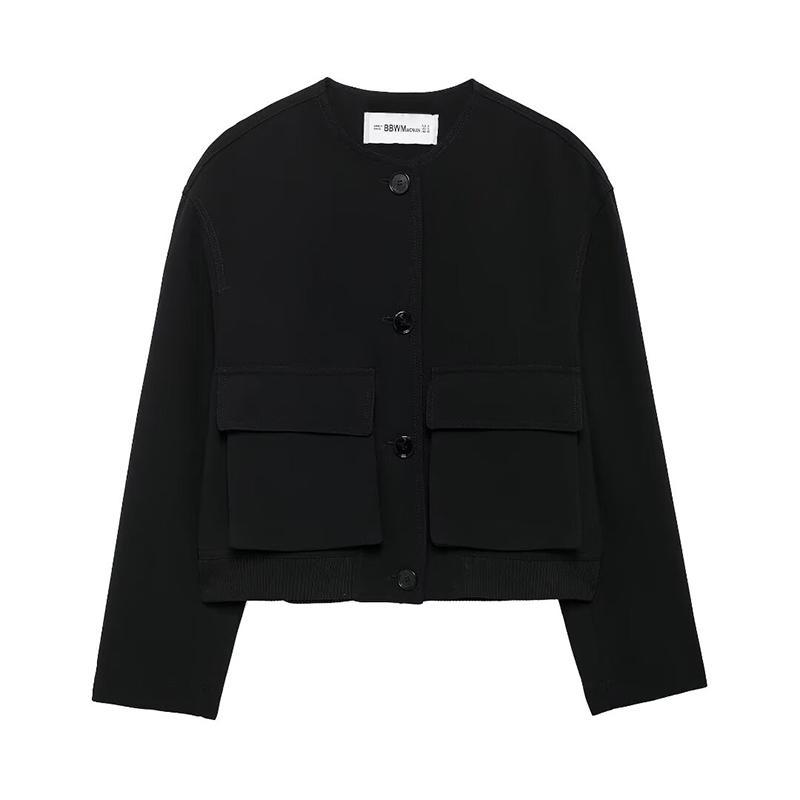 Women Fashion With Pockets Black Single Breasted Bomber Jackets Vintage O-Neck Long Sleeves Female Chic Lady Outfits